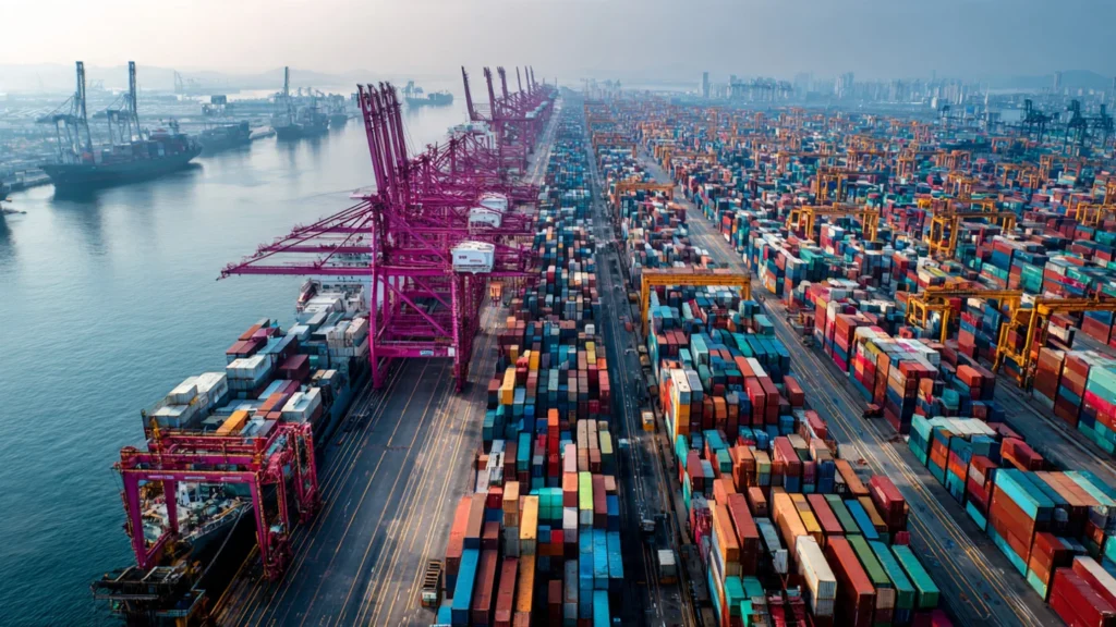 “Ultra-high-resolution aerial view of a massive international cargo port, long rows of colorful shipping containers neatly stacked, large red container cranes lifting containers, blue sea on one side with cargo ships docked, busy export-import hub, clear daylight, realistic lighting, sharp focus, professional news photography style, global trade and logistics theme, cinematic wide-angle shot, highly detailed, 16:9 aspect ratio, suitable for business and trade news.”