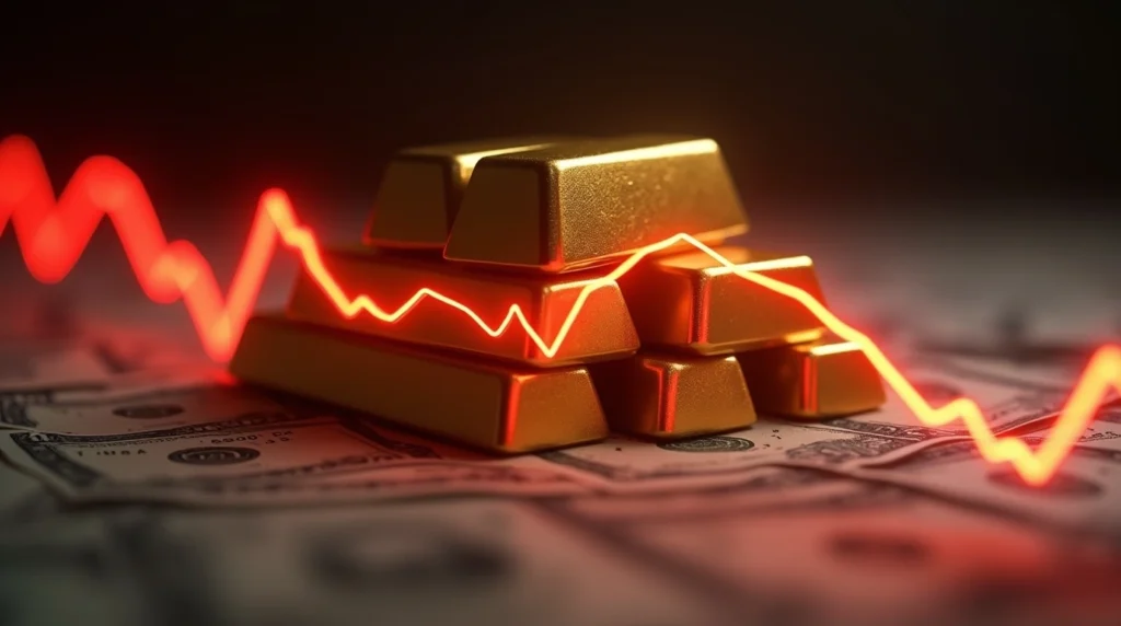 Gold bars with declining price graph